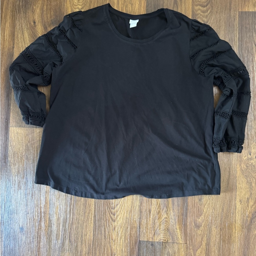 Chico's Black Long Sleeve Top with Lace Trim Sleeves